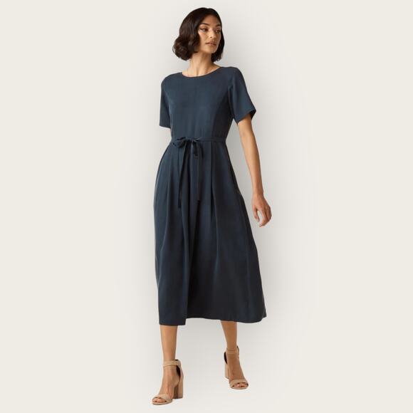 Vetta Capsule Button Up Midi Dress | Medium | Navy Blue Tencel Flowy Pockets - Picture 10 of 10
